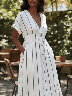 O'Neill White Dress with Brown Stripes